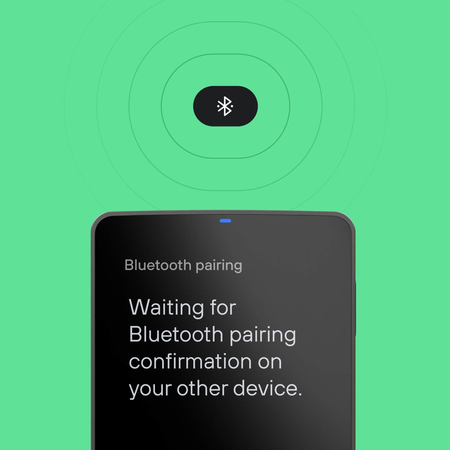 Trezor Safe 7 hardware wallet showing the message “Waiting for confirmation on host device” during Bluetooth pairing.