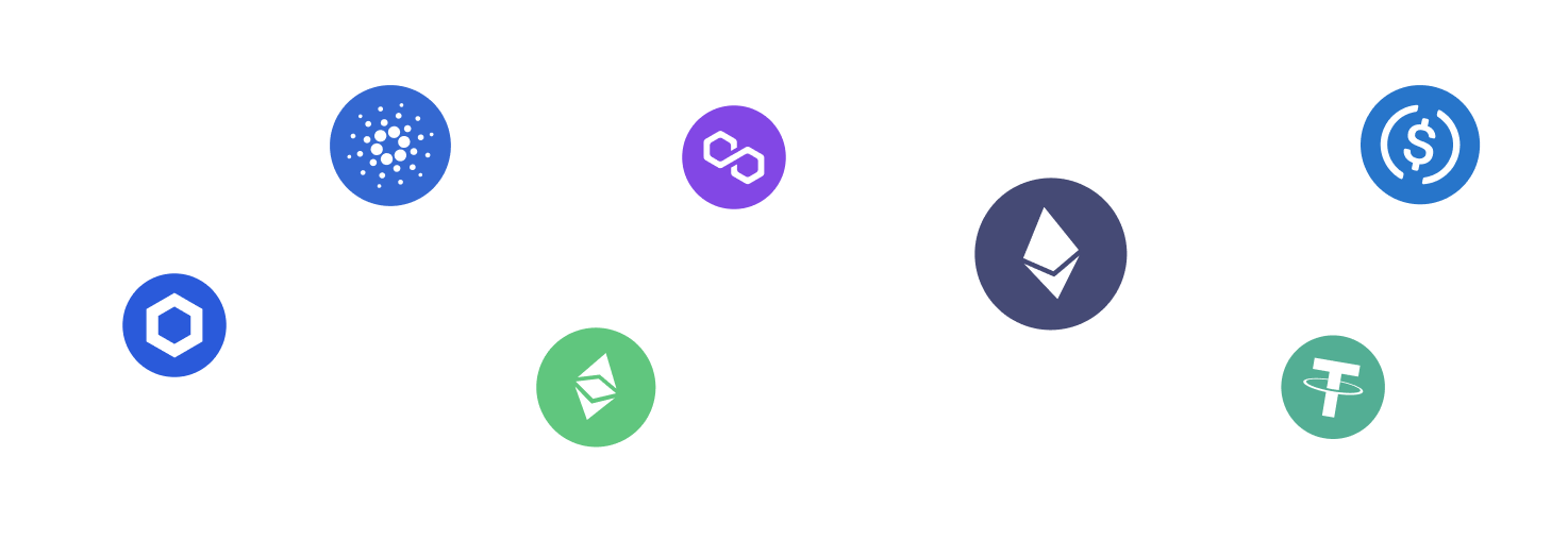 Collection of popular cryptocurrency coins supported by Trezor Suite app - bottom view