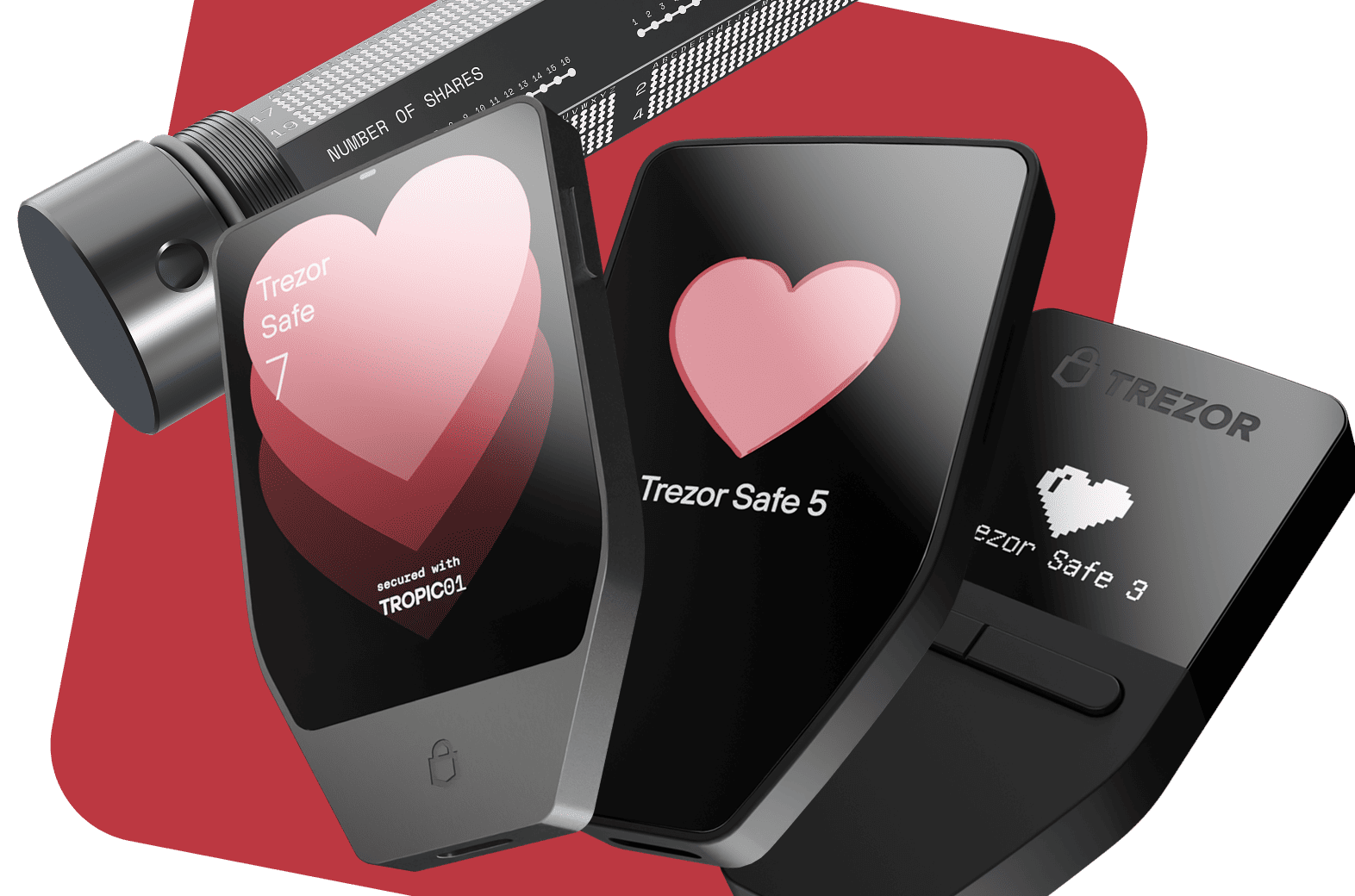 Three Trezor hardware wallets (Safe 7, Safe 5, Safe 3) with heart graphics on a red background.