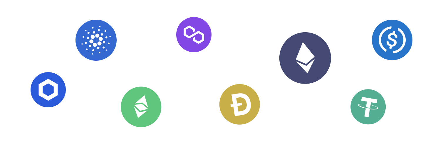 Collection of popular cryptocurrency coins supported by Trezor Suite app - bottom view