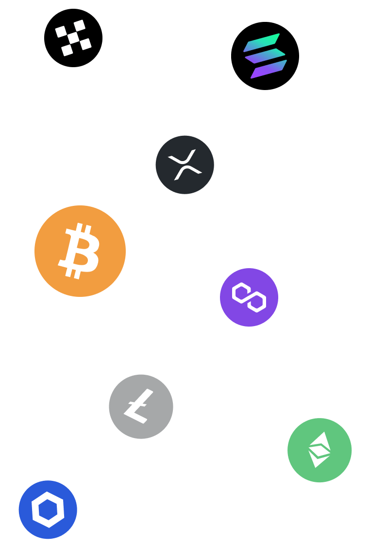 Collection of popular cryptocurrency coins supported by Trezor Suite app - left view